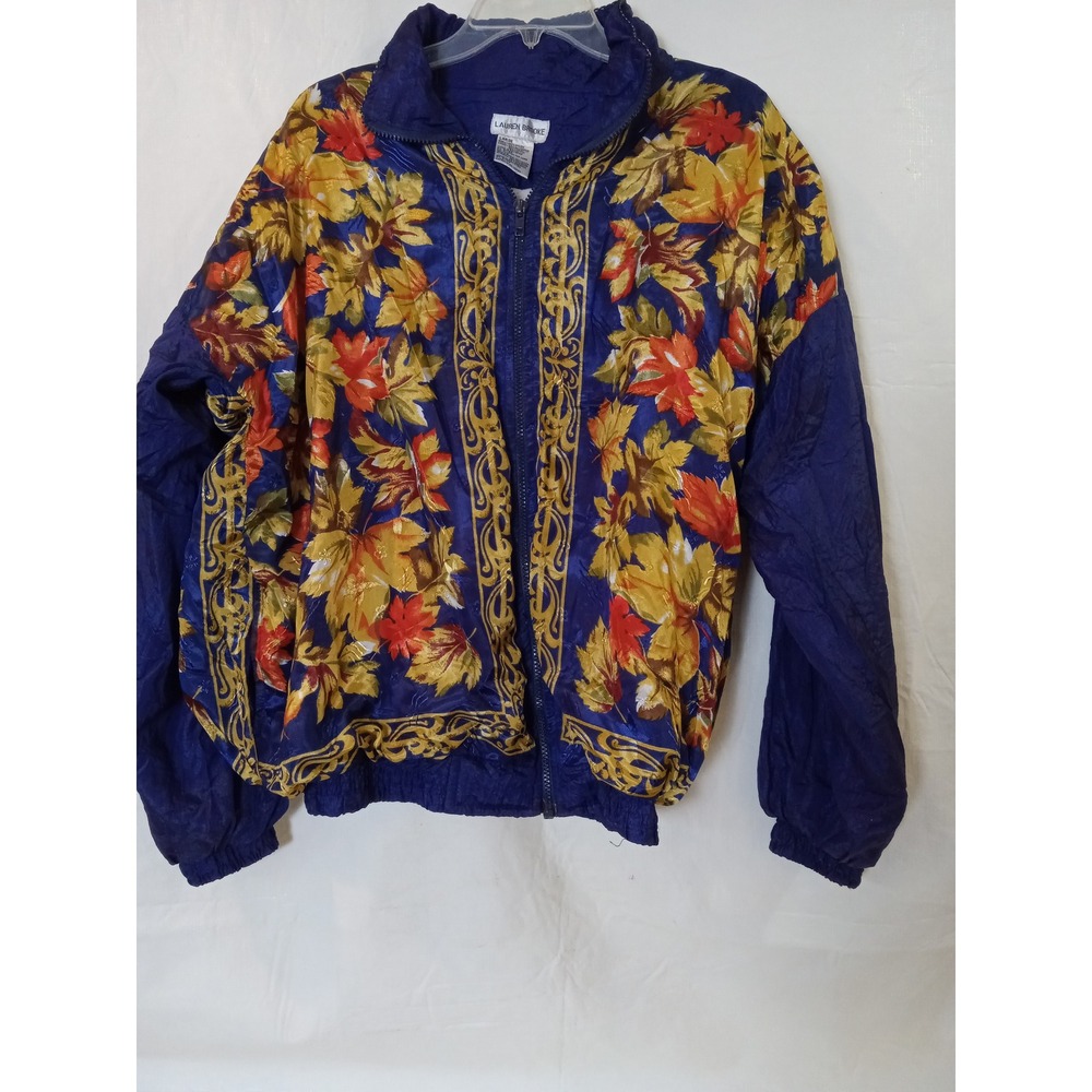Lauren Brooke Blue Leaf Print Zip Up Track Jacket Large
